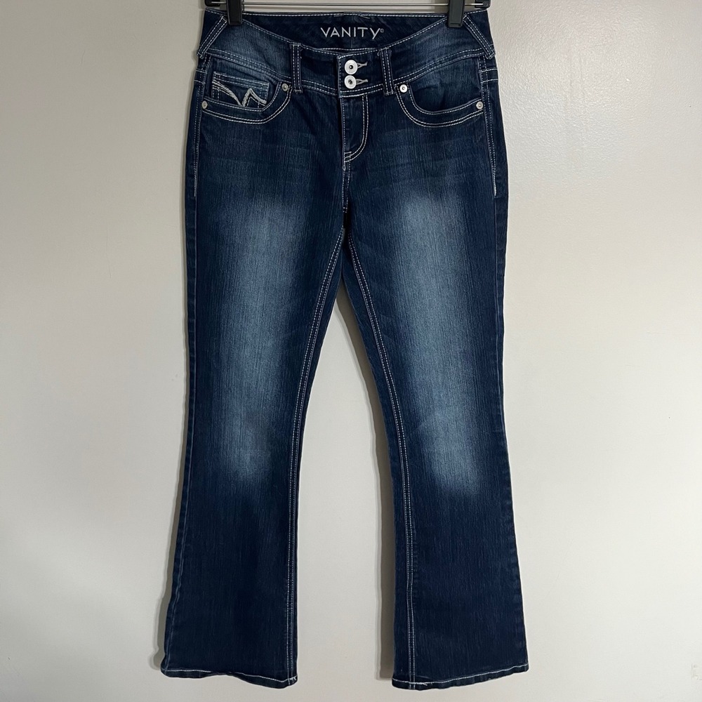 Vanity Curvy Bootcut Jeans Dark Wash Contrast Stitch 26W 31L Blue Denim
